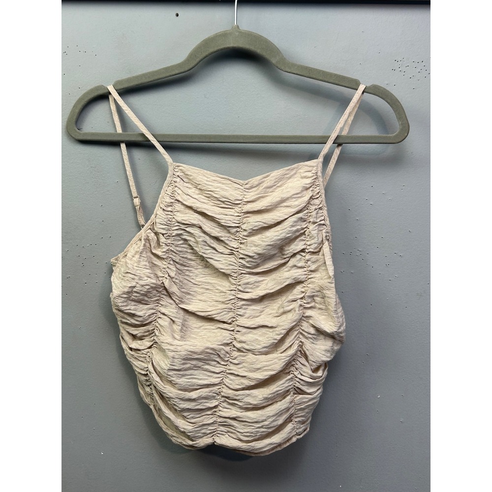Zara Top Women XS Beige Ruched Smocked Camisole Spaghetti Strap Cropped